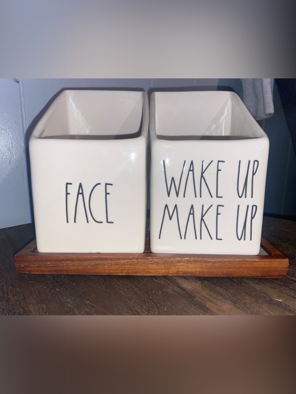 Rae Dunn White Ceramic "Face" + "Wake Up Make Up" Makeup Organizer Set
